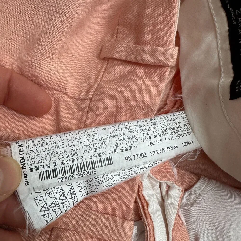 Zara Woman Linen Blend Wide Leg Chino Pants Women XS Peach Summer Lightweight